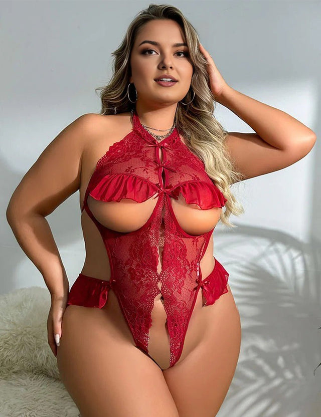 Women Plus Size Red Rosette Ruffle Teddy - PRUSES