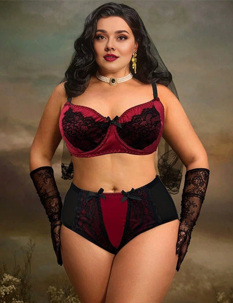 Women Plus Size Retro Contrast Floral Lace Underwire Bra Set - PRUSES