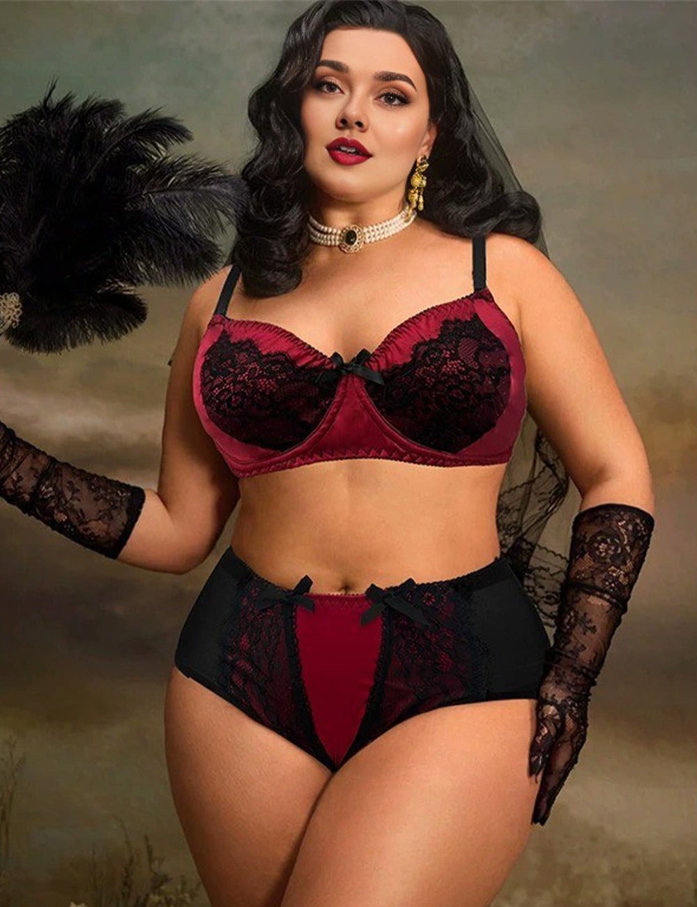 Women Plus Size Retro Contrast Floral Lace Underwire Bra Set - PRUSES