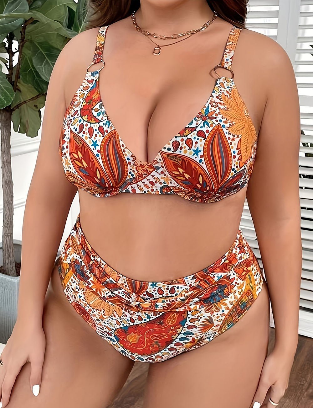 Women Plus Size Retro Floral Print Underwire Bikini Set - PRUSES