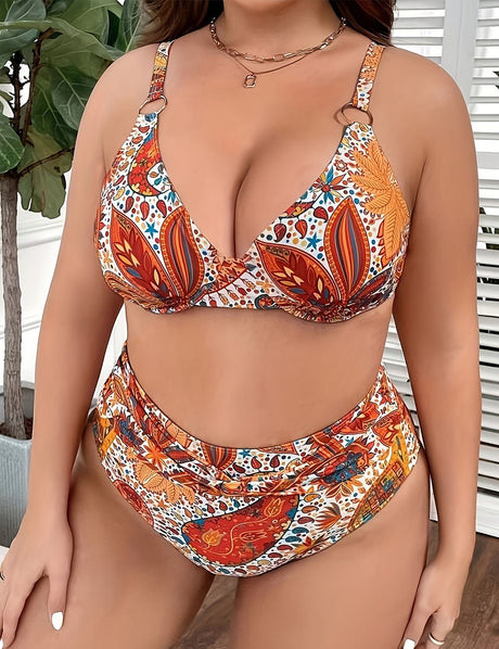 Women Plus Size Retro Floral Print Underwire Bikini Set - PRUSES