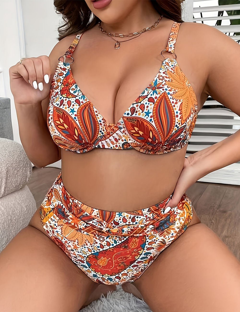 Women Plus Size Retro Floral Print Underwire Bikini Set - PRUSES