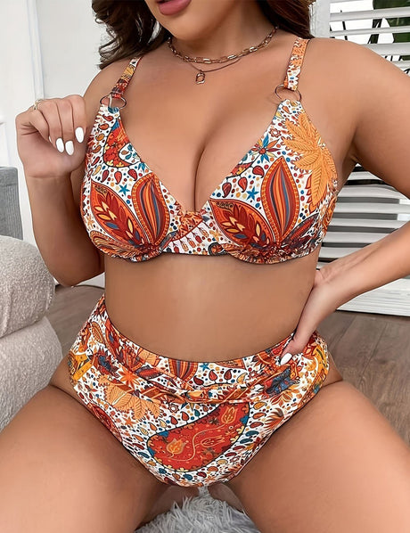 Women Plus Size Retro Floral Print Underwire Bikini Set - PRUSES