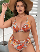 Women Plus Size Retro Floral Print Underwire Bikini Set - PRUSES
