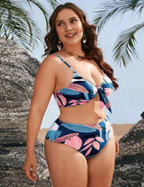 Women Plus Size Retro Printed Mesh Three - Piece Bikini Set - PRUSES
