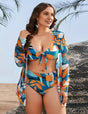 Women Plus Size Retro Printed Mesh Three - Piece Bikini Set - PRUSES