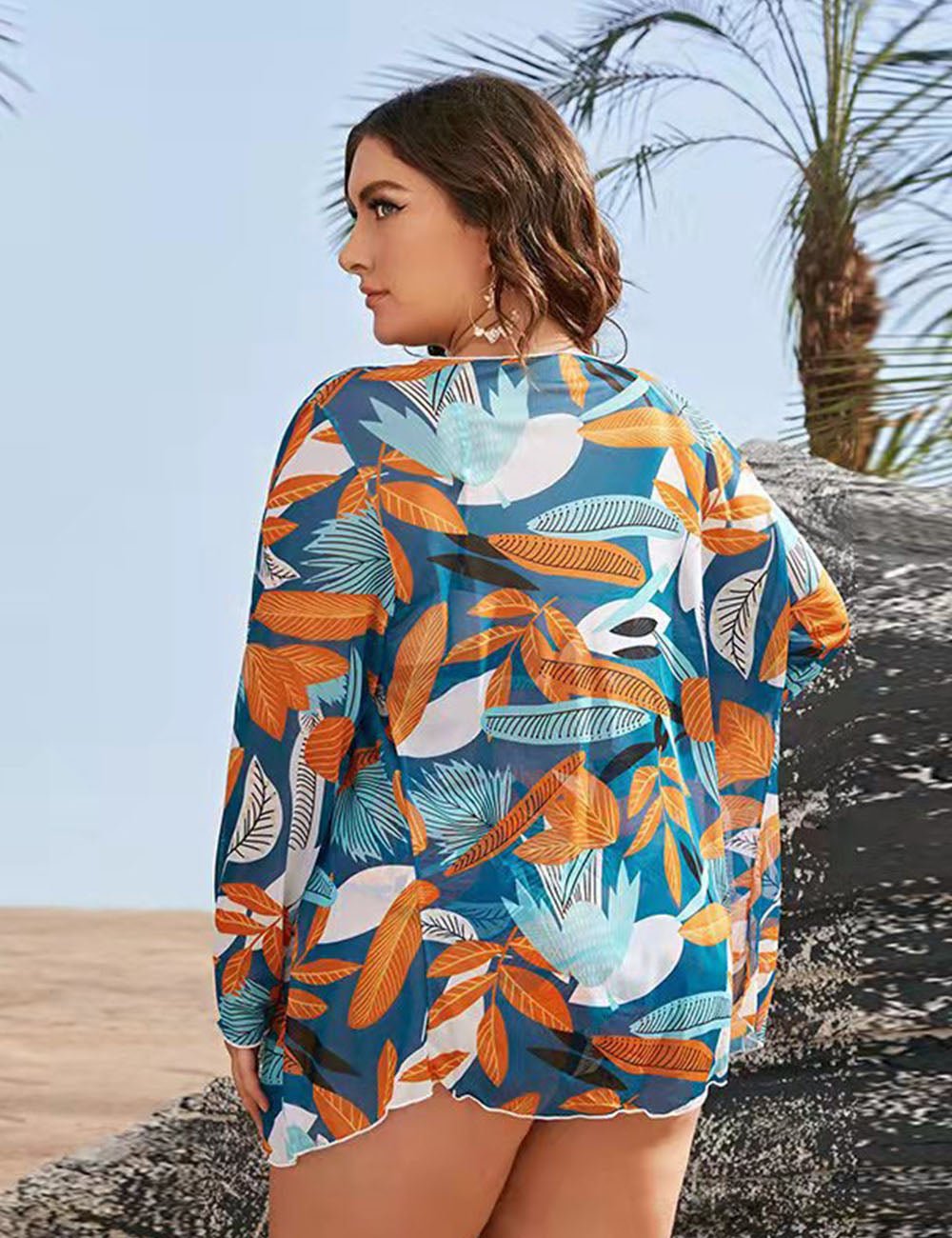 Women Plus Size Retro Printed Mesh Three - Piece Bikini Set - PRUSES