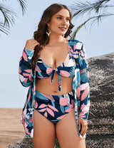 Women Plus Size Retro Printed Mesh Three - Piece Bikini Set - PRUSES