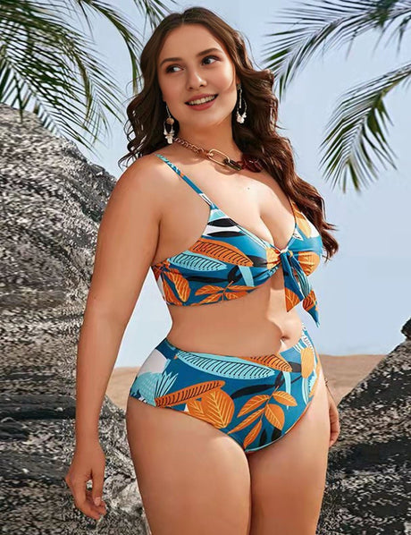 Women Plus Size Retro Printed Mesh Three - Piece Bikini Set - PRUSES