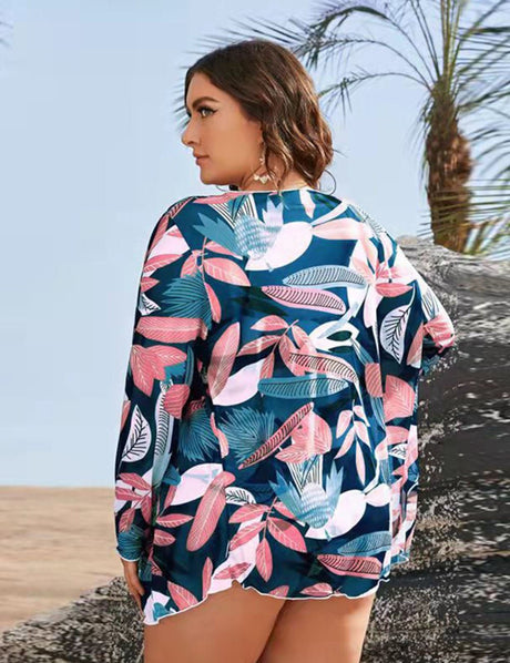 Women Plus Size Retro Printed Mesh Three - Piece Bikini Set - PRUSES