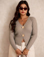 Women Plus Size Ribbed Knit with Shell Buttons - PRUSES