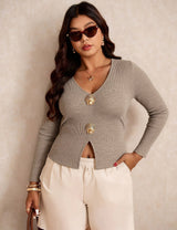 Women Plus Size Ribbed Knit with Shell Buttons - PRUSES