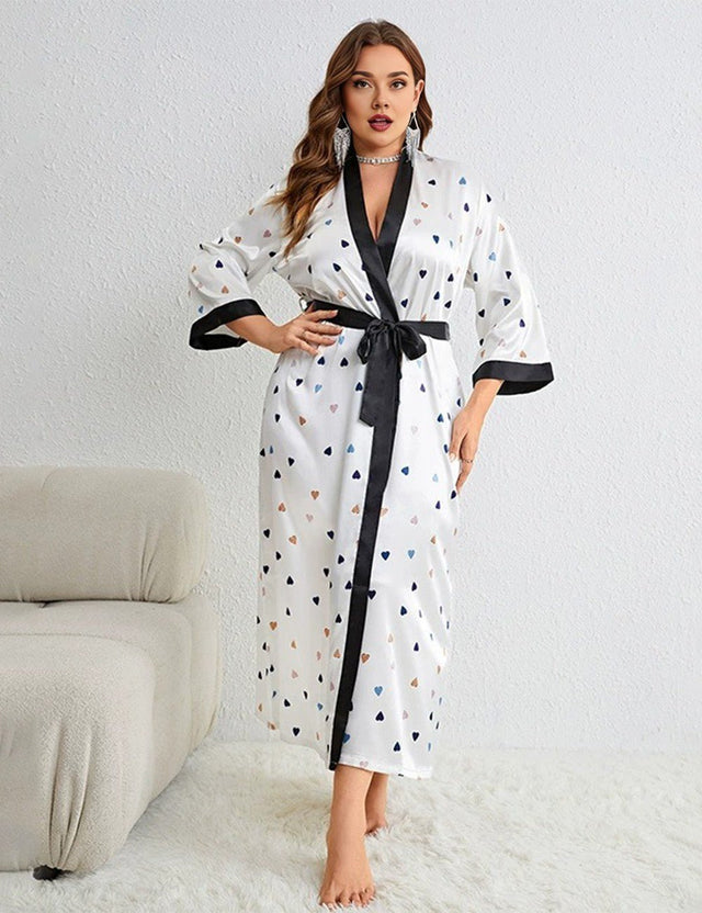 Women Plus Size Romantic Heart Print Satin Robe | PRUSES - PRUSES