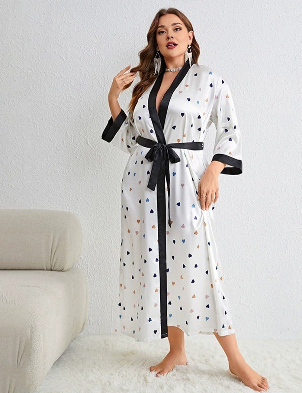 Women Plus Size Romantic Heart Print Satin Robe | PRUSES - PRUSES