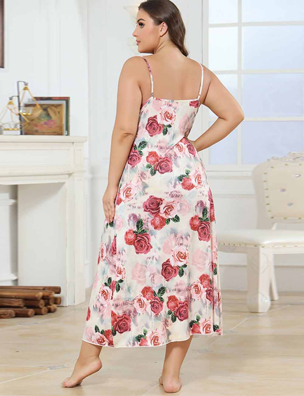 Women Plus Size Rose Print Long Slip Nightgown Back View