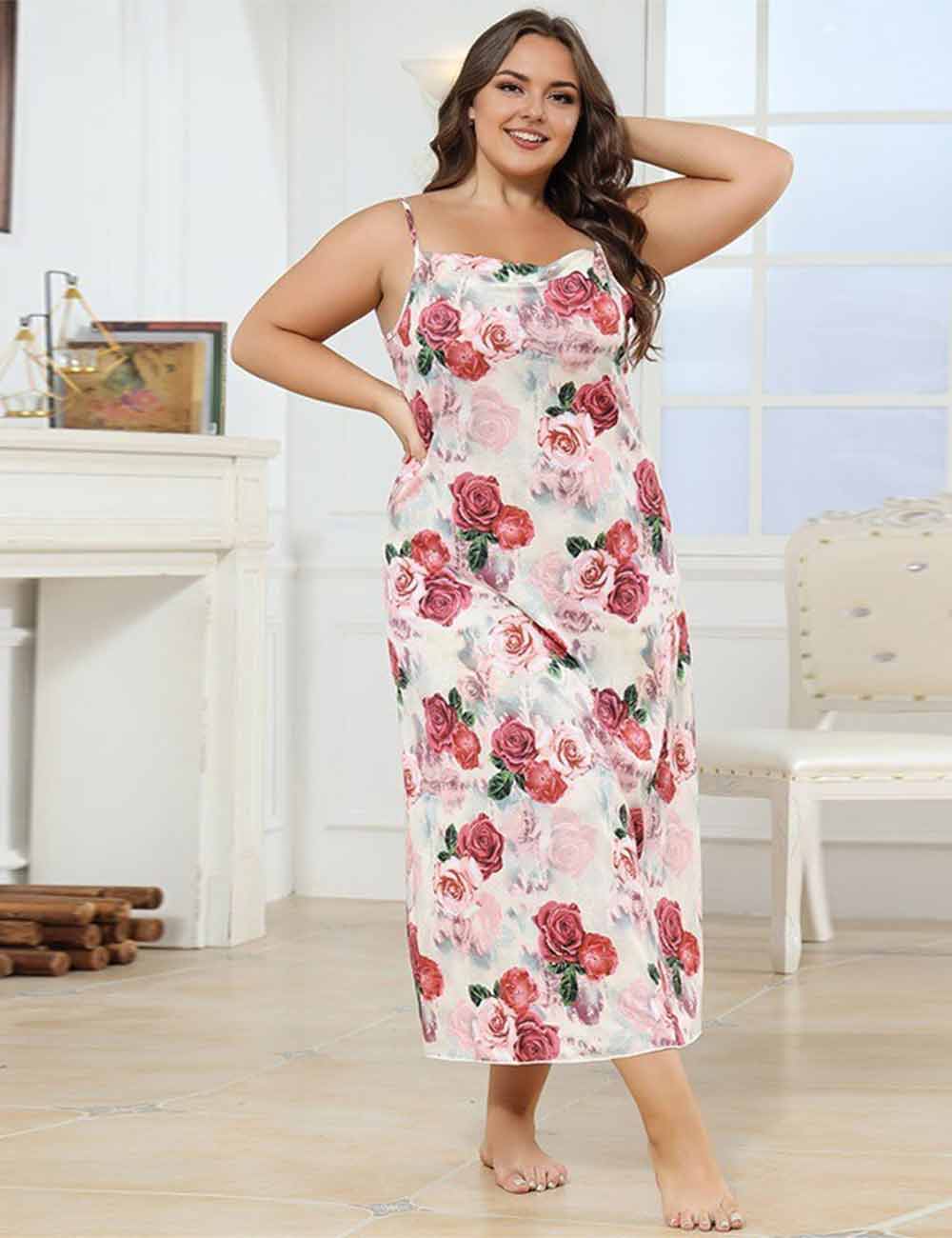 Women Plus Size Rose Print Long Slip Nightgown