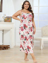 Women Plus Size Elegant Rose Print Maxi Slip Nightgown