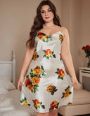 Women Plus Size Rose Print Satin Slip Nightgown