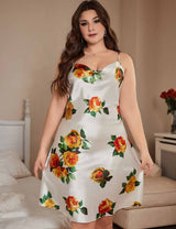 Women Plus Size Rose Print Satin Slip Nightgown
