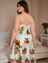 Women Plus Size Rose Print Satin Slip Nightgown Back View