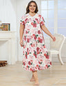 Women Plus Size Rose Print Short Sleeve Long Nightgown