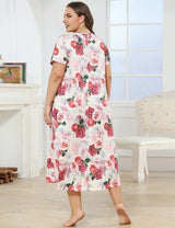 Women Plus Size Rose Print Short Sleeve Long Nightgown Back View