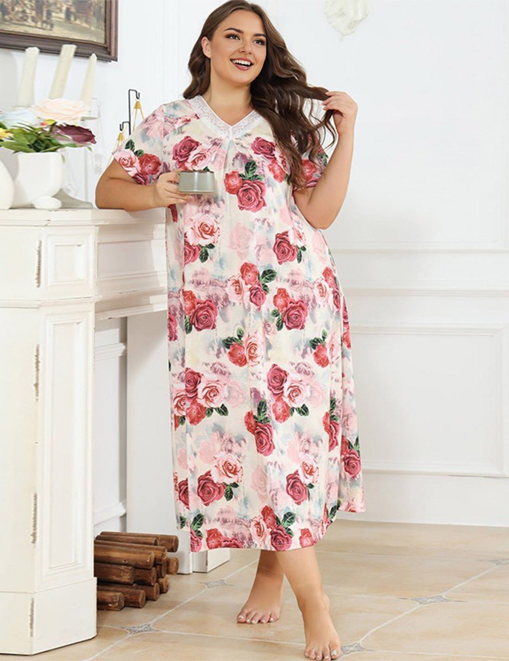 Women Plus Size Rose Print Short Sleeve Maxi House Dress