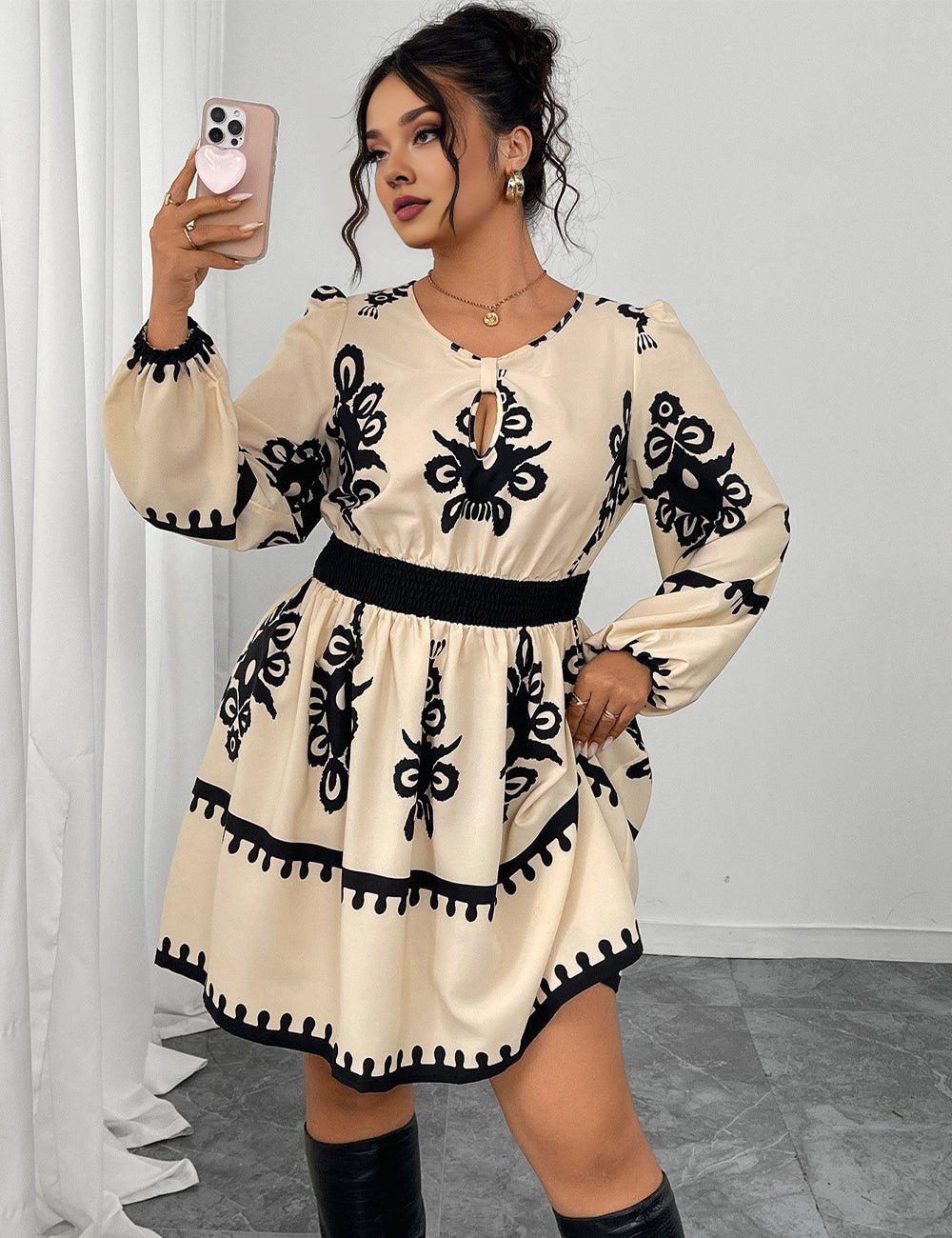 Women Plus Size Round Neck Puff Sleeve Midi Dress - PRUSES