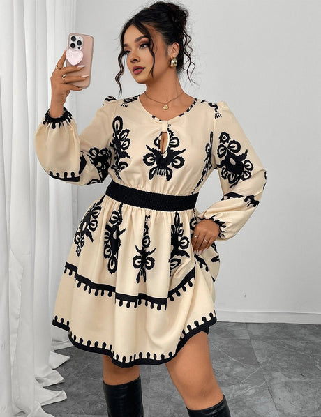 Women Plus Size Round Neck Puff Sleeve Midi Dress - PRUSES