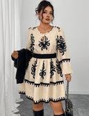 Women Plus Size Round Neck Puff Sleeve Midi Dress - PRUSES