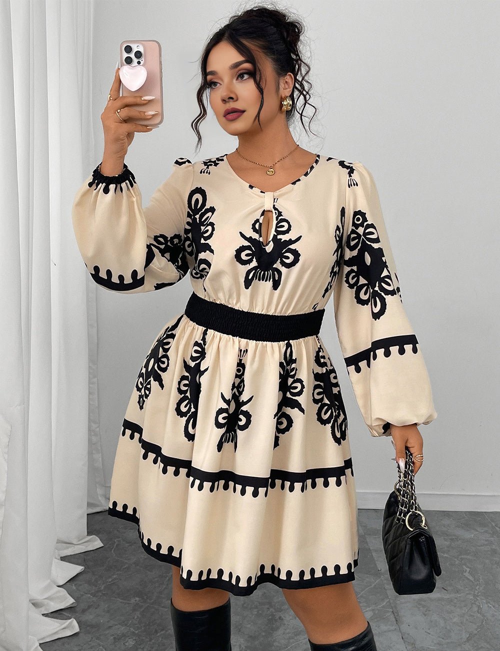 Women Plus Size Round Neck Puff Sleeve Midi Dress - PRUSES