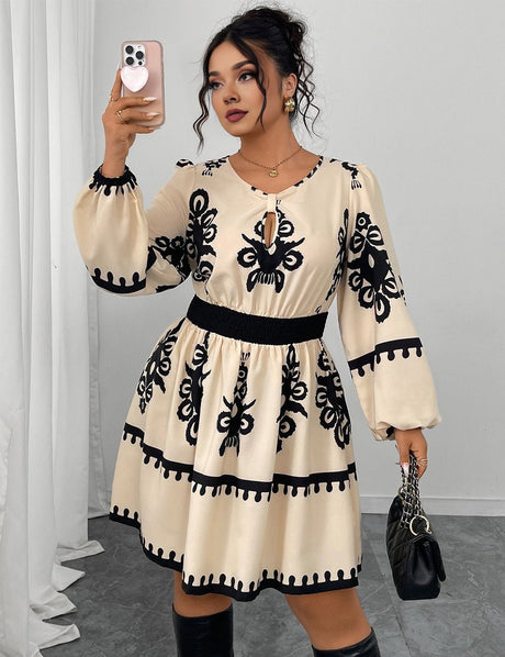 Women Plus Size Round Neck Puff Sleeve Midi Dress - PRUSES