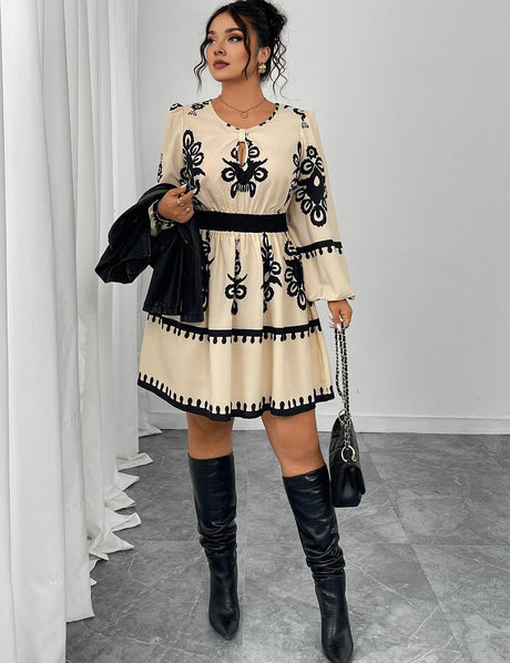 Women Plus Size Round Neck Puff Sleeve Midi Dress - PRUSES