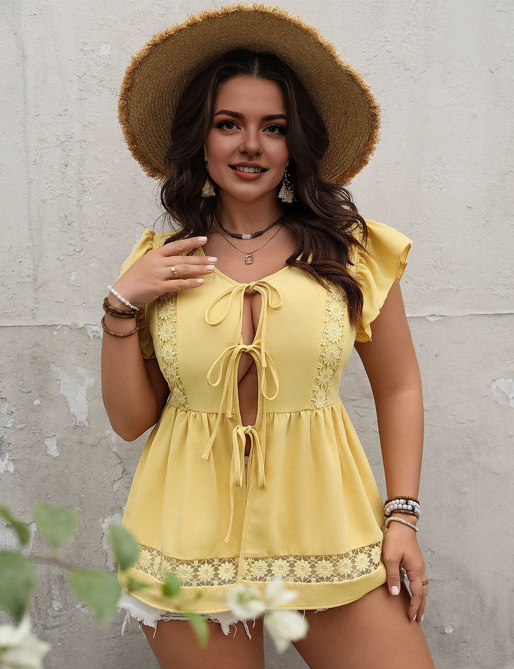 Women Plus Size Ruffle Sleeve Crew Neck Tie Front Blouse| PRUSES - PRUSES