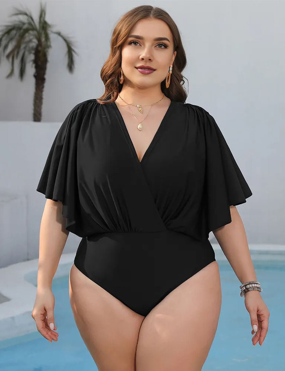 Women Plus Size Ruffle Trim One - Piece Beach Swimsuit - PRUSES