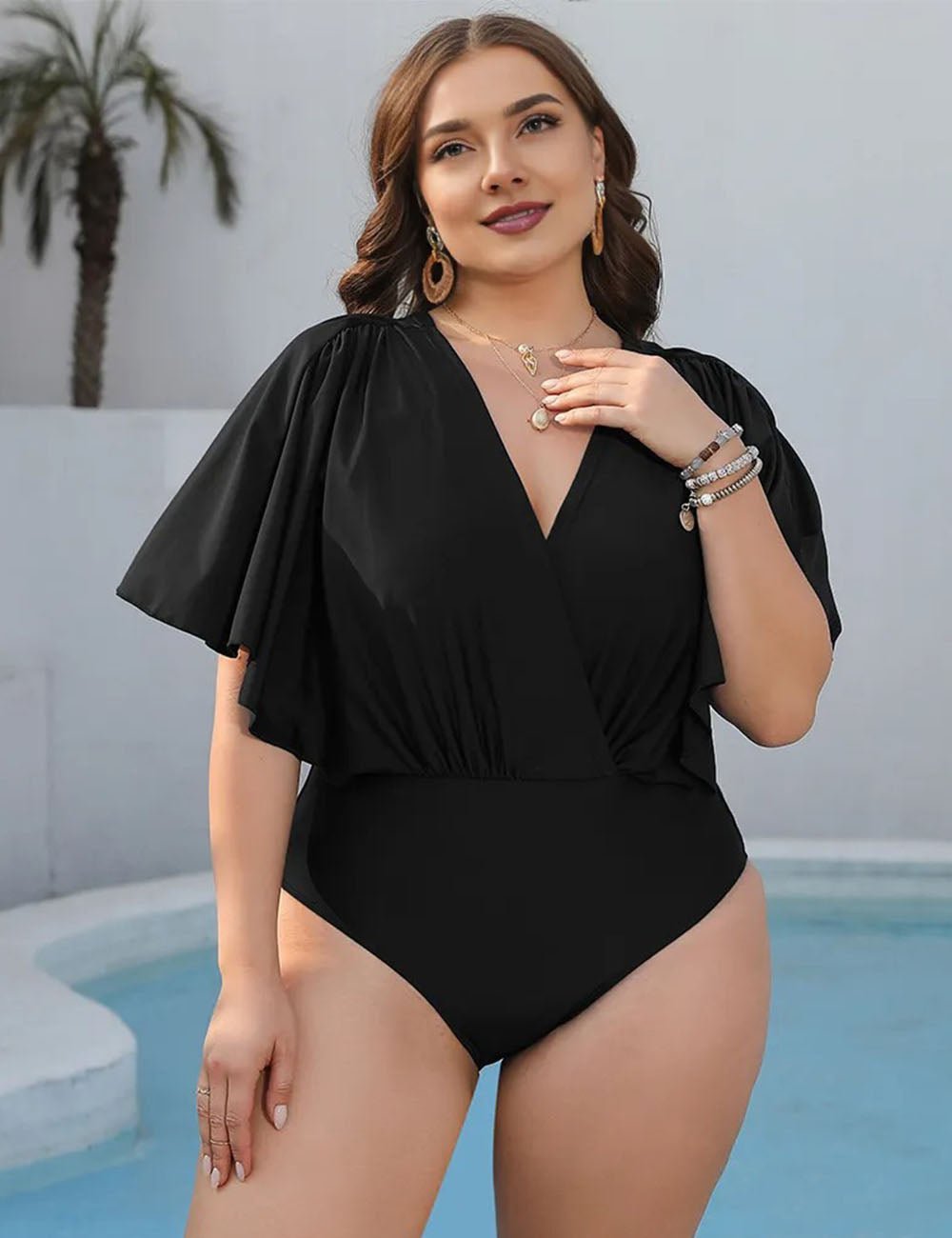 Women Plus Size Ruffle Trim One - Piece Beach Swimsuit - PRUSES