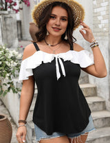 Women Plus Size Ruffled Contrast Short Sleeve Blouse - PRUSES