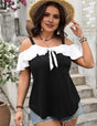 Women Plus Size Ruffled Contrast Short Sleeve Blouse - PRUSES