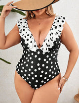 Women Plus Size Ruffled Polka Dot One - Piece Swimsuit - PRUSES