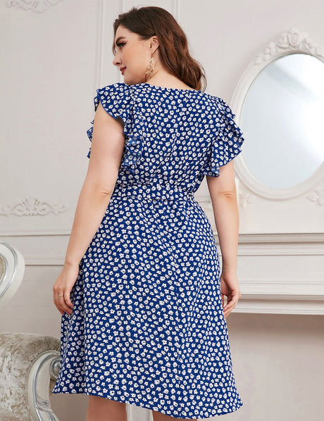 Women Plus Size Ruffled Sleeves Tiny Floral Print Midi Dress | PRUSES - PRUSES