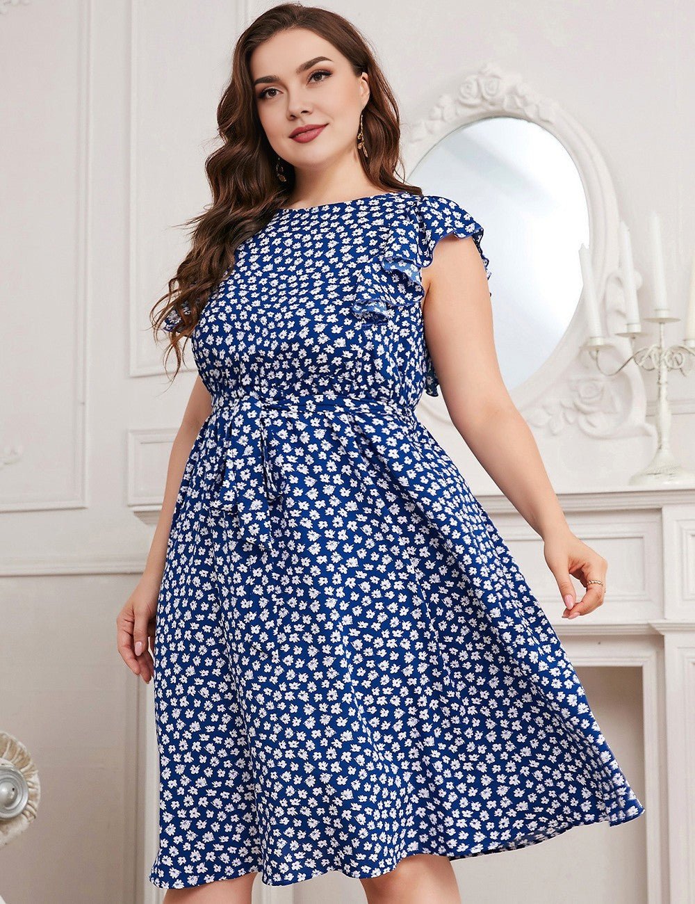 Women Plus Size Ruffled Sleeves Tiny Floral Print Midi Dress | PRUSES - PRUSES