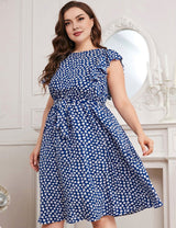 Women Plus Size Ruffled Sleeves Tiny Floral Print Midi Dress | PRUSES - PRUSES