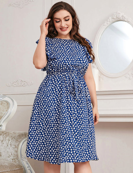 Women Plus Size Ruffled Sleeves Tiny Floral Print Midi Dress | PRUSES - PRUSES