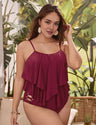 Women Plus Size Ruffled Tankini Swimsuit Burgundy - PRUSES