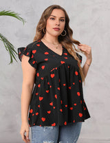 Women Plus Size Ruffles Heart Print V Neck Blouse | PRUSES - PRUSES
