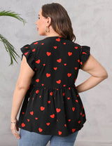Women Plus Size Ruffles Heart Print V Neck Blouse | PRUSES - PRUSES