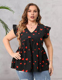 Women Plus Size Ruffles Heart Print V Neck Blouse | PRUSES - PRUSES