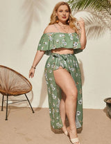 Women Plus Size  Ruffles Off Shoulder with Skirt Swimsuit - PRUSES
