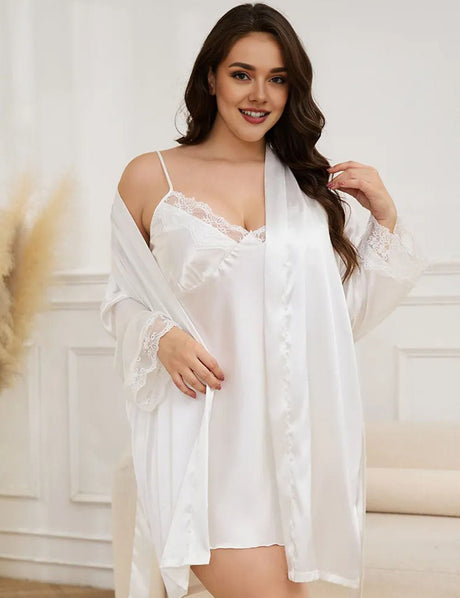 Women Plus Size Satin 2 - Piece Silk Suspender Nightgown - PRUSES