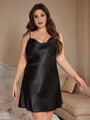 Women Plus Size Black Satin Chemise Nightgown